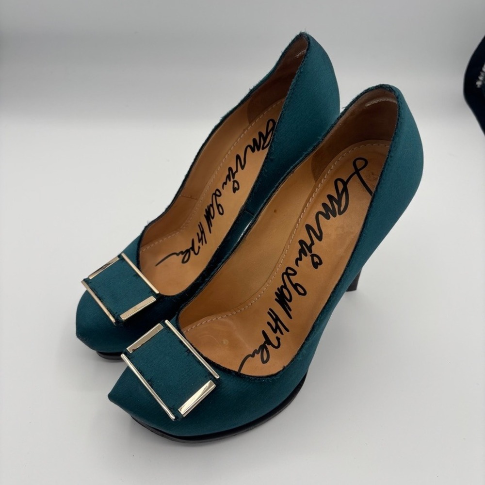 Lanvin Platform Pumps Women Sz 39 Teal Satin Buckle Stiletto Heel Luxury - Picture 8 of 16